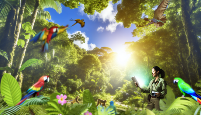 alt_text: A vibrant jungle scene with an explorer using tech, surrounded by wildlife and lush foliage.