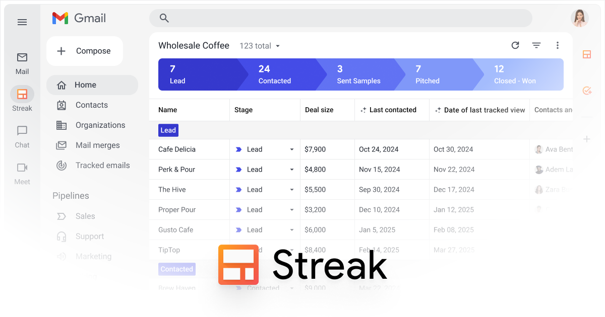 Streak CRM for Gmail homepage and inbox-native pipeline view