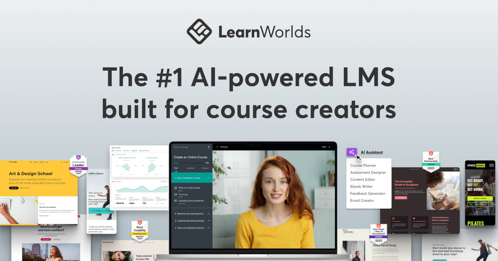 LearnWorlds homepage hero for AI powered LMS and course business creation