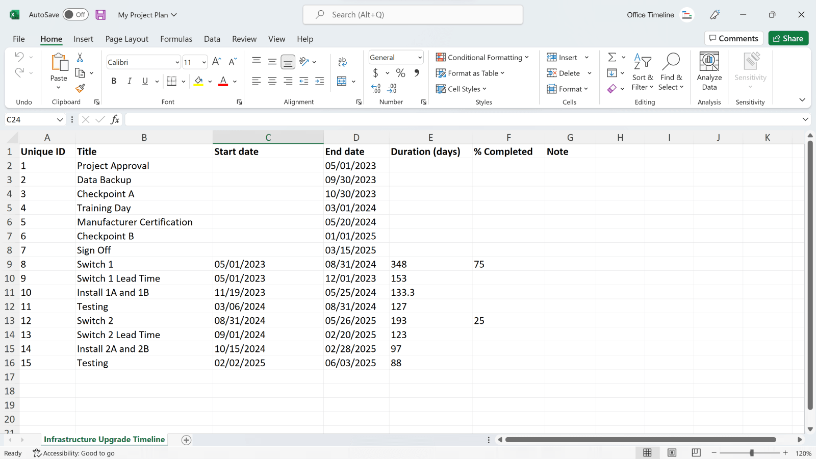 Office Timeline import and refresh workflow from project data to presentation