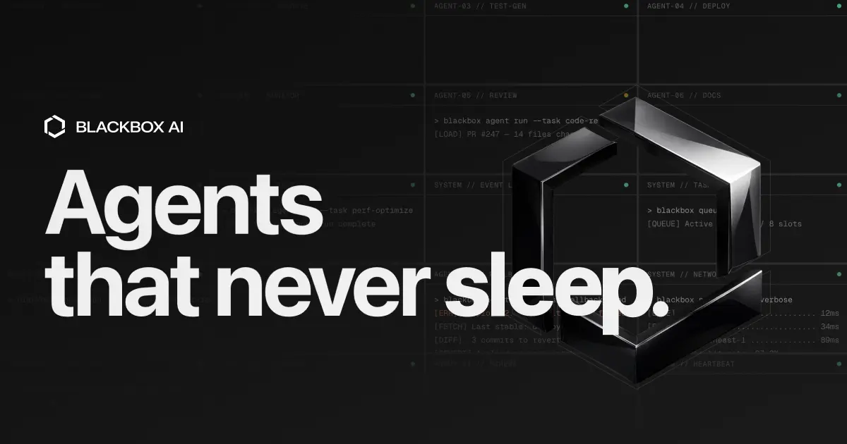 BLACKBOX AI desktop interface with code, chat, and agent panels