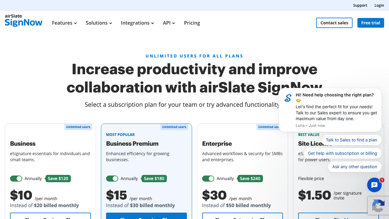 SignNow homepage and pricing page comparison
