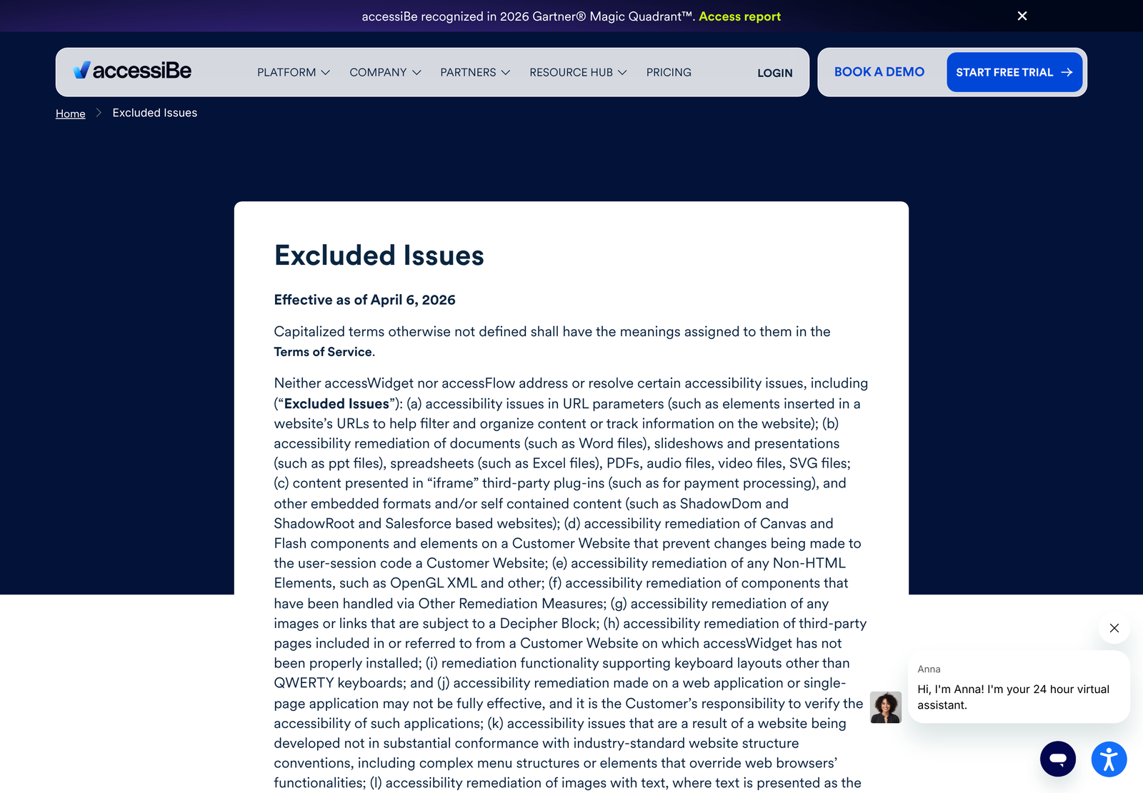 accessiBe Excluded Issues page listing accessibility issues accessWidget does not remediate