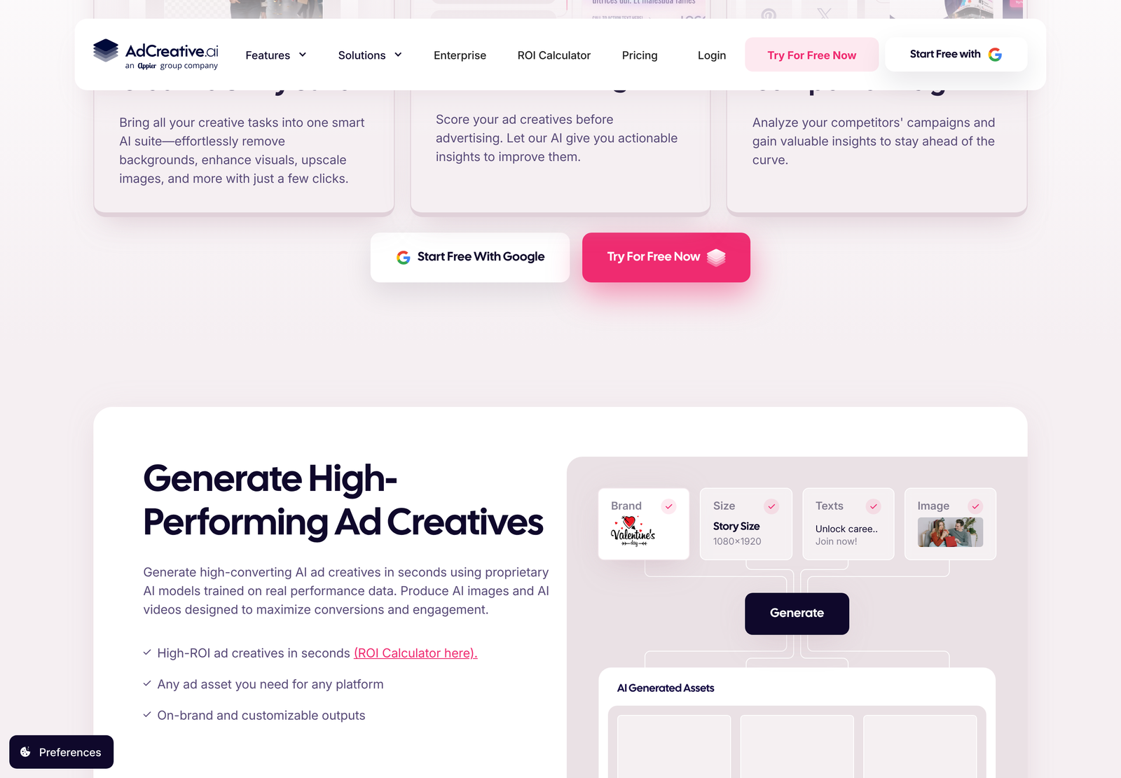 AdCreative.ai ad creative generation screen on the vendor homepage