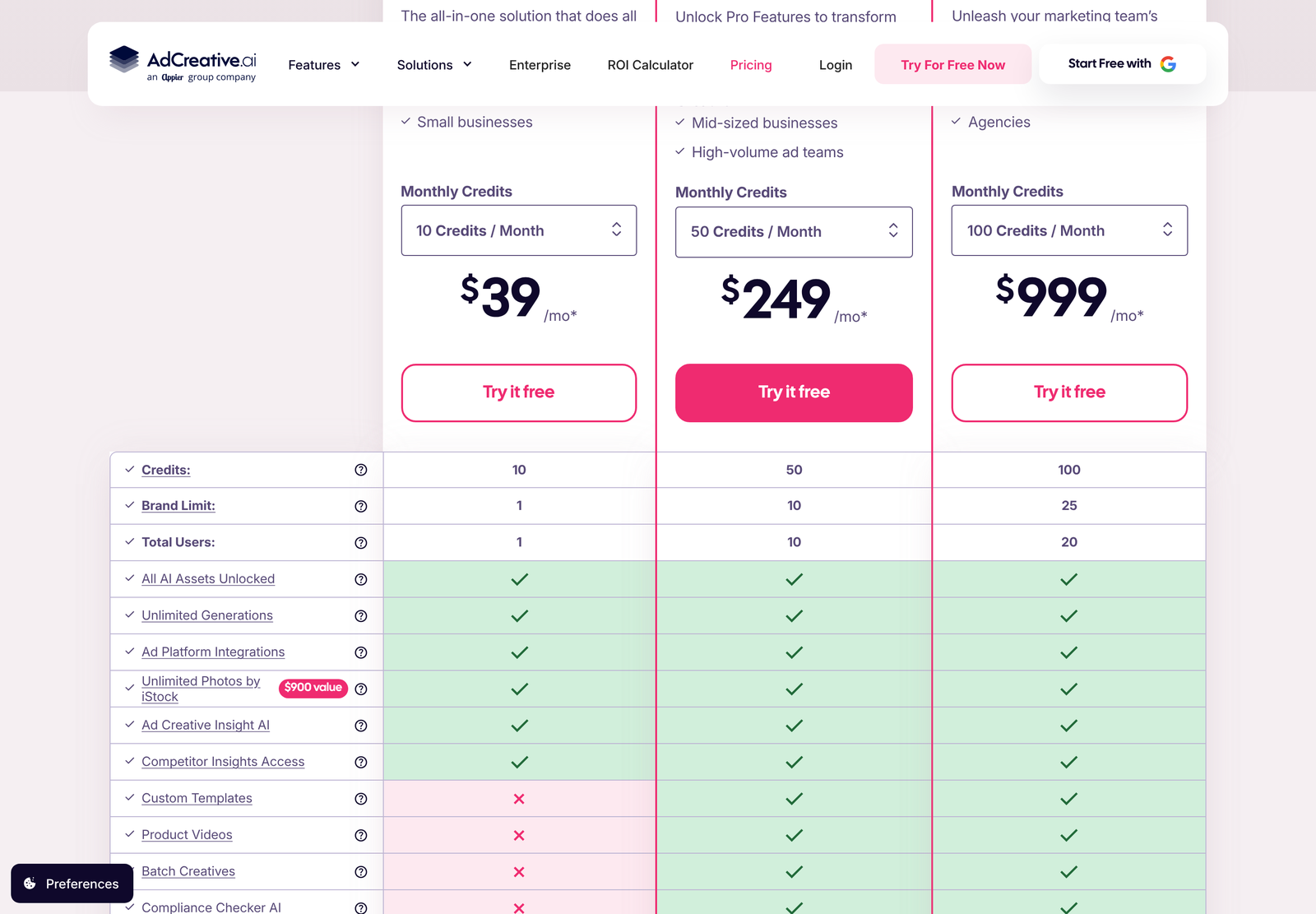 AdCreative.ai pricing section with the Monthly toggle selected, showing the true month-to-month rates