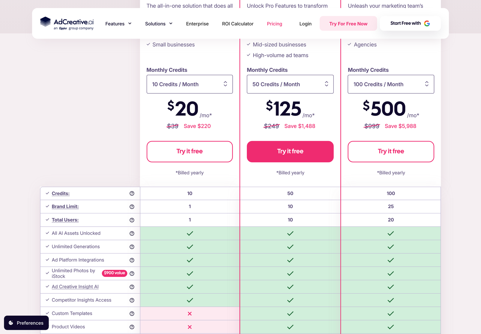 AdCreative.ai pricing section as the page loads, with the Yearly toggle preselected and a Billed yearly footnote