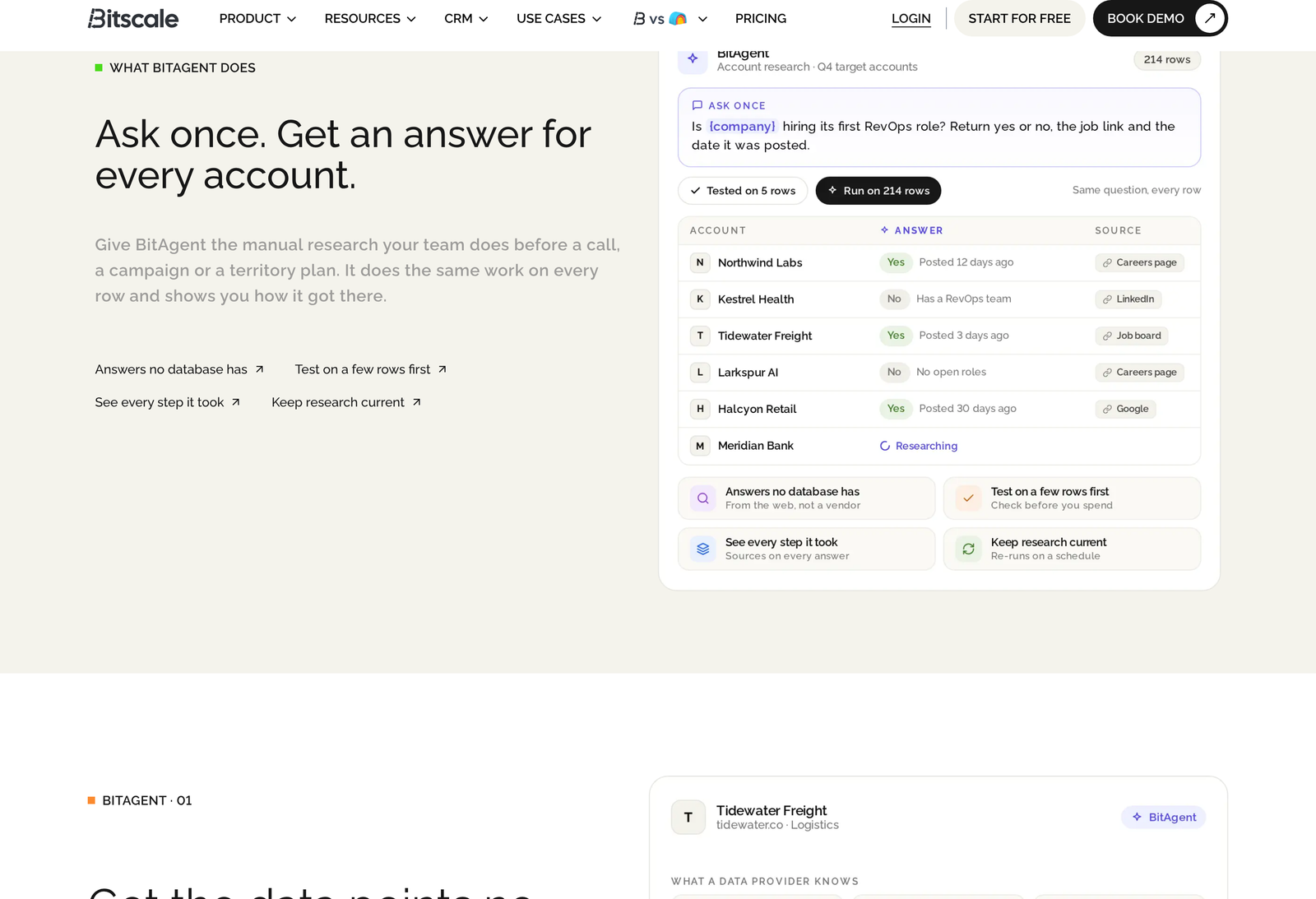 Bitscale BitAgent product page explaining per-row research in the grid