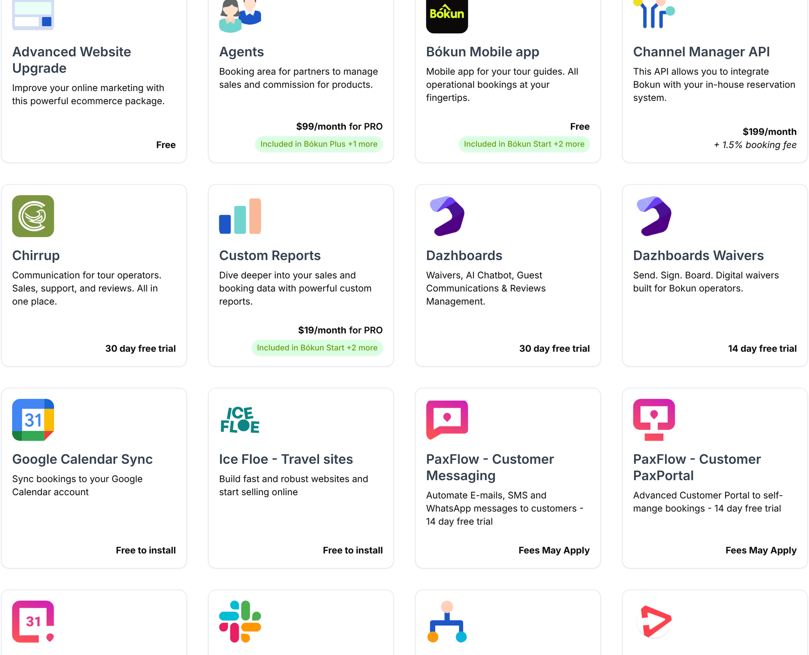 Bokun App Store showing apps with monthly prices and plan inclusion badges