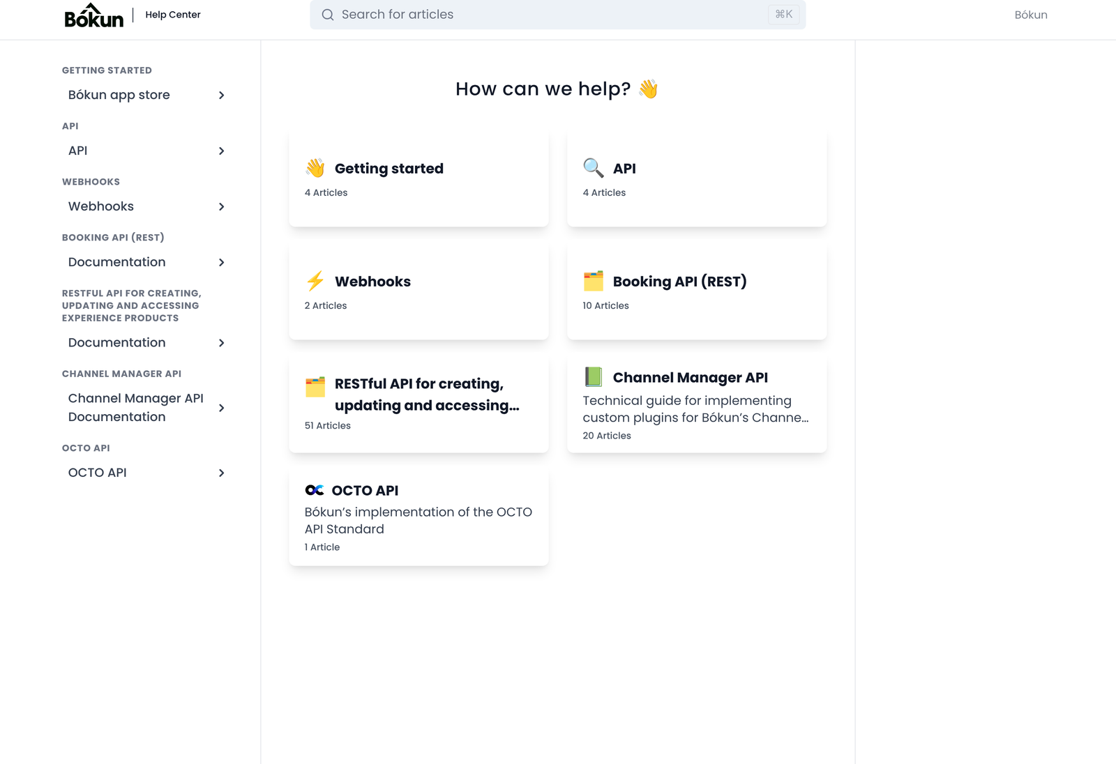 Bokun developer documentation hub listing API sections and article counts