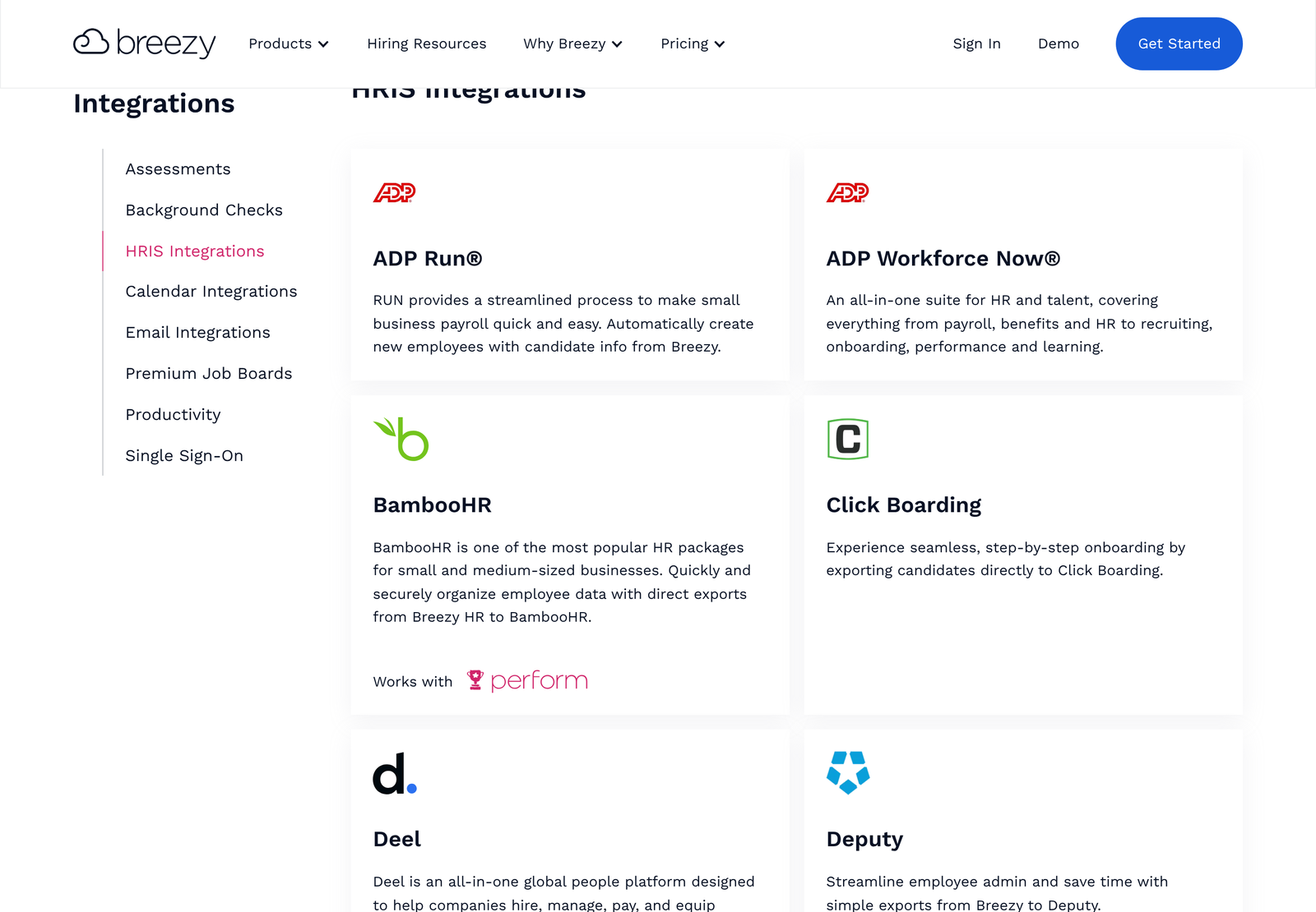 Breezy HR HRIS integration cards including ADP Run, ADP Workforce Now, BambooHR, Click Boarding, Deel and Deputy