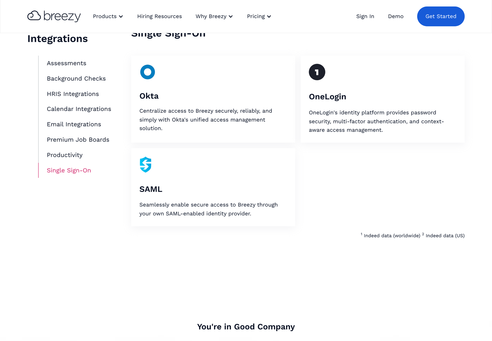 Breezy HR single sign-on integrations for Okta, OneLogin and SAML
