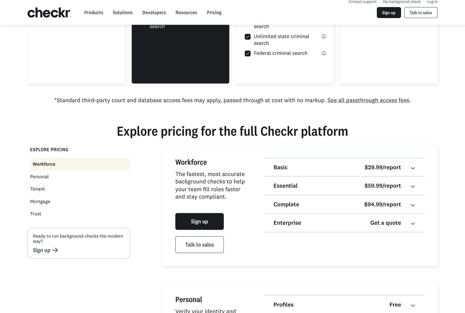 Checkr add-on screening price list including motor vehicle records and verifications