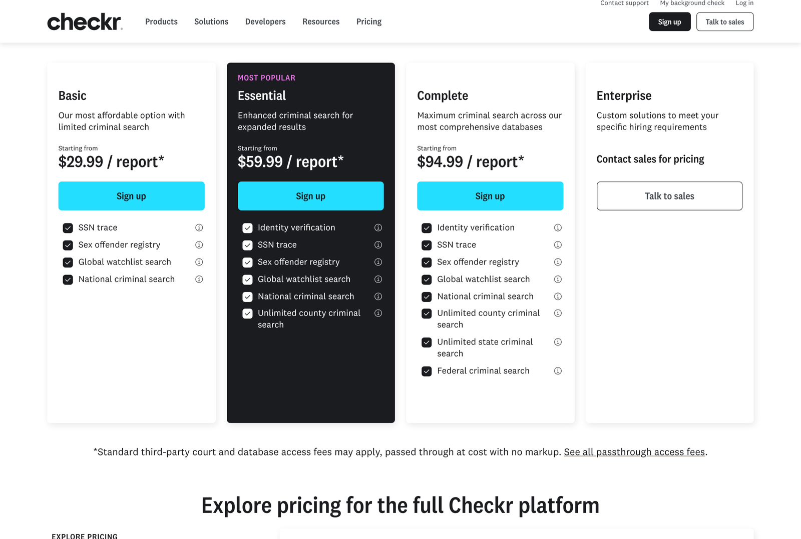 Checkr Tenant screening pricing for Starter, Essential and Complete reports
