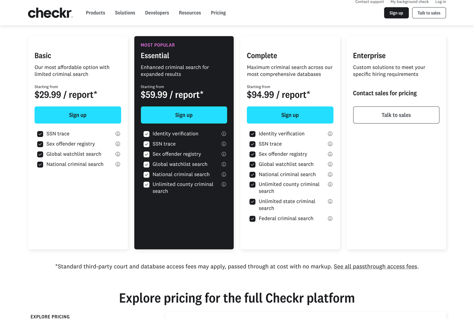 Checkr pay-as-you-go pricing cards for Basic, Essential, Complete and Enterprise background check reports