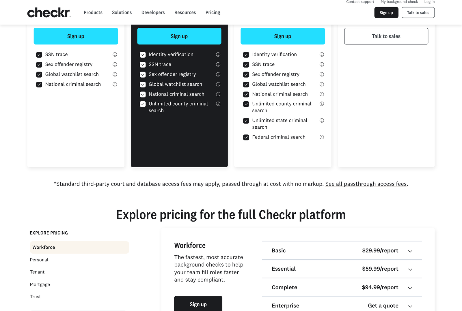 Checkr Workforce pricing detail showing searches included in each report tier