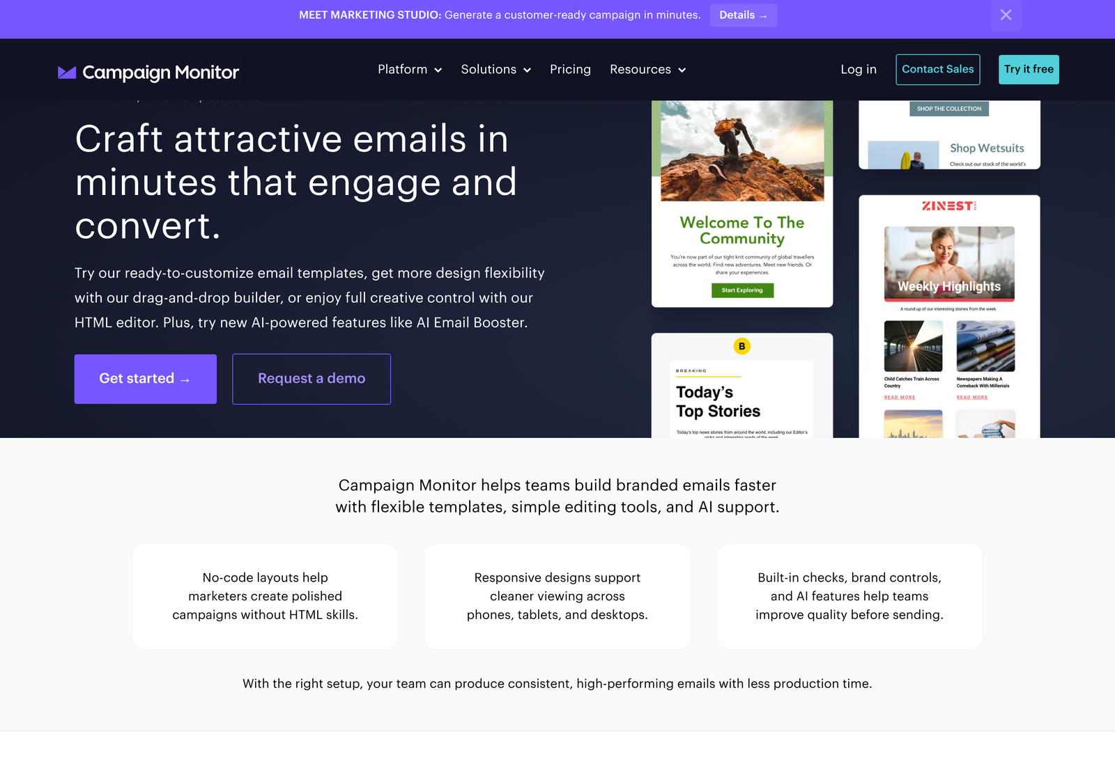 Campaign Monitor email template builder page describing the drag and drop builder, HTML editor, AI Writer and Final Checks preview tools