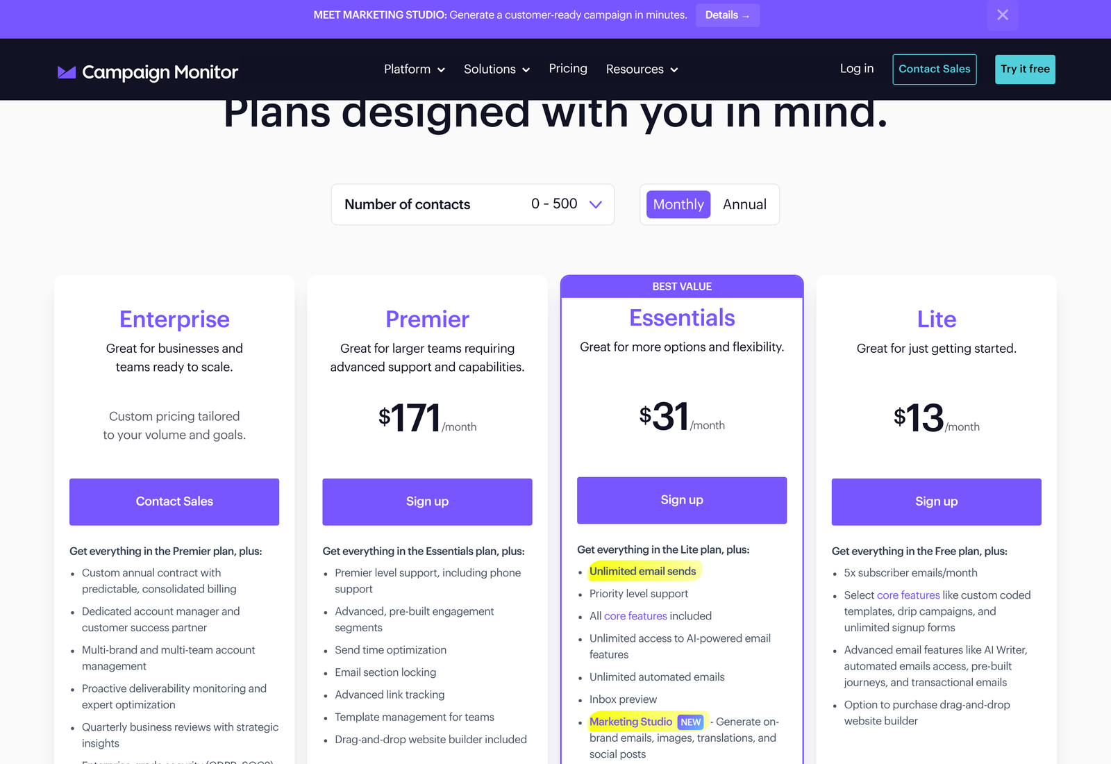 Campaign Monitor pricing page switched to Monthly billing showing Premier at 171, Essentials at 31 and Lite at 13 per month at 0 to 500 contacts