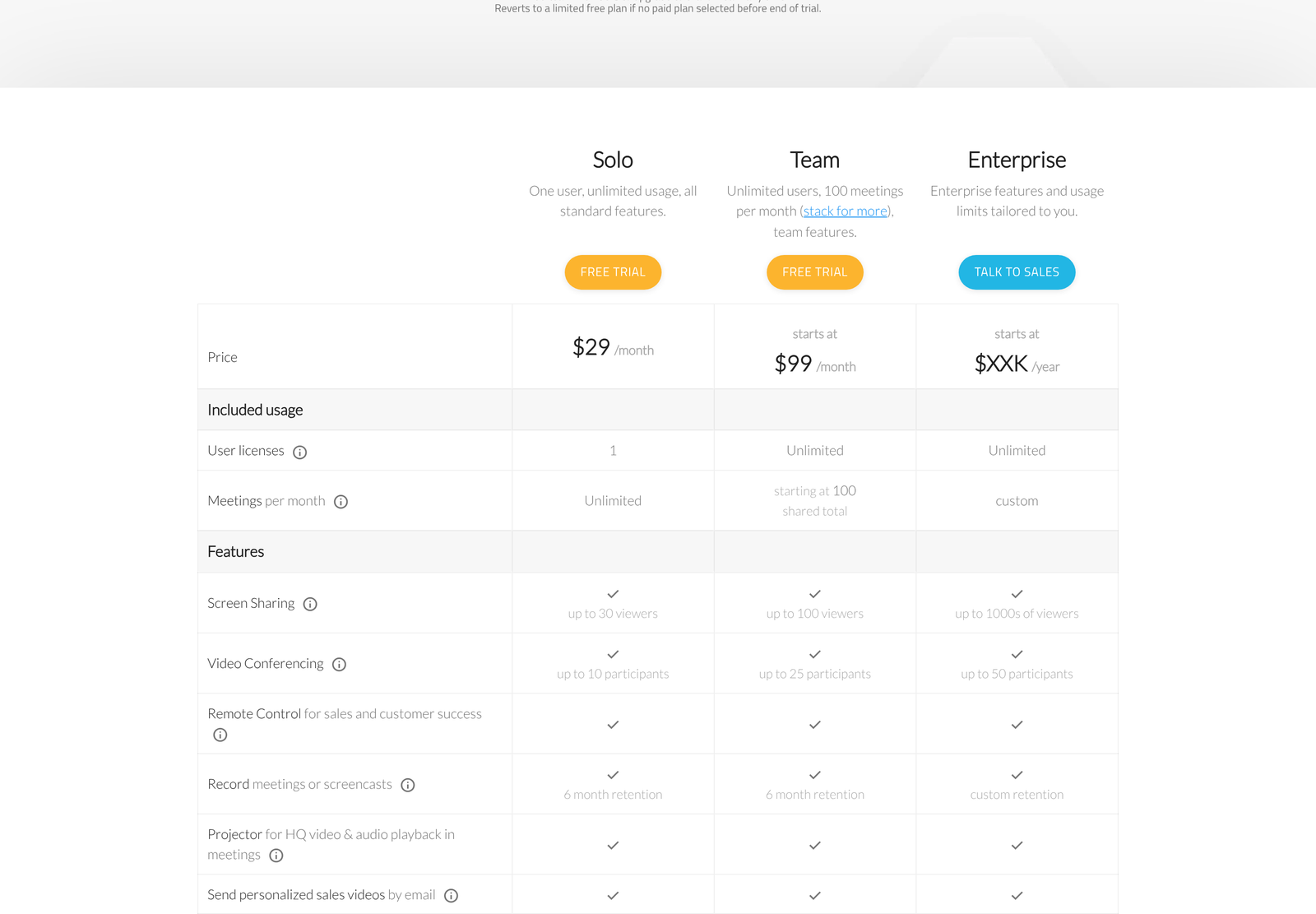 CrankWheel pricing table showing Solo, Team and Enterprise prices and included usage