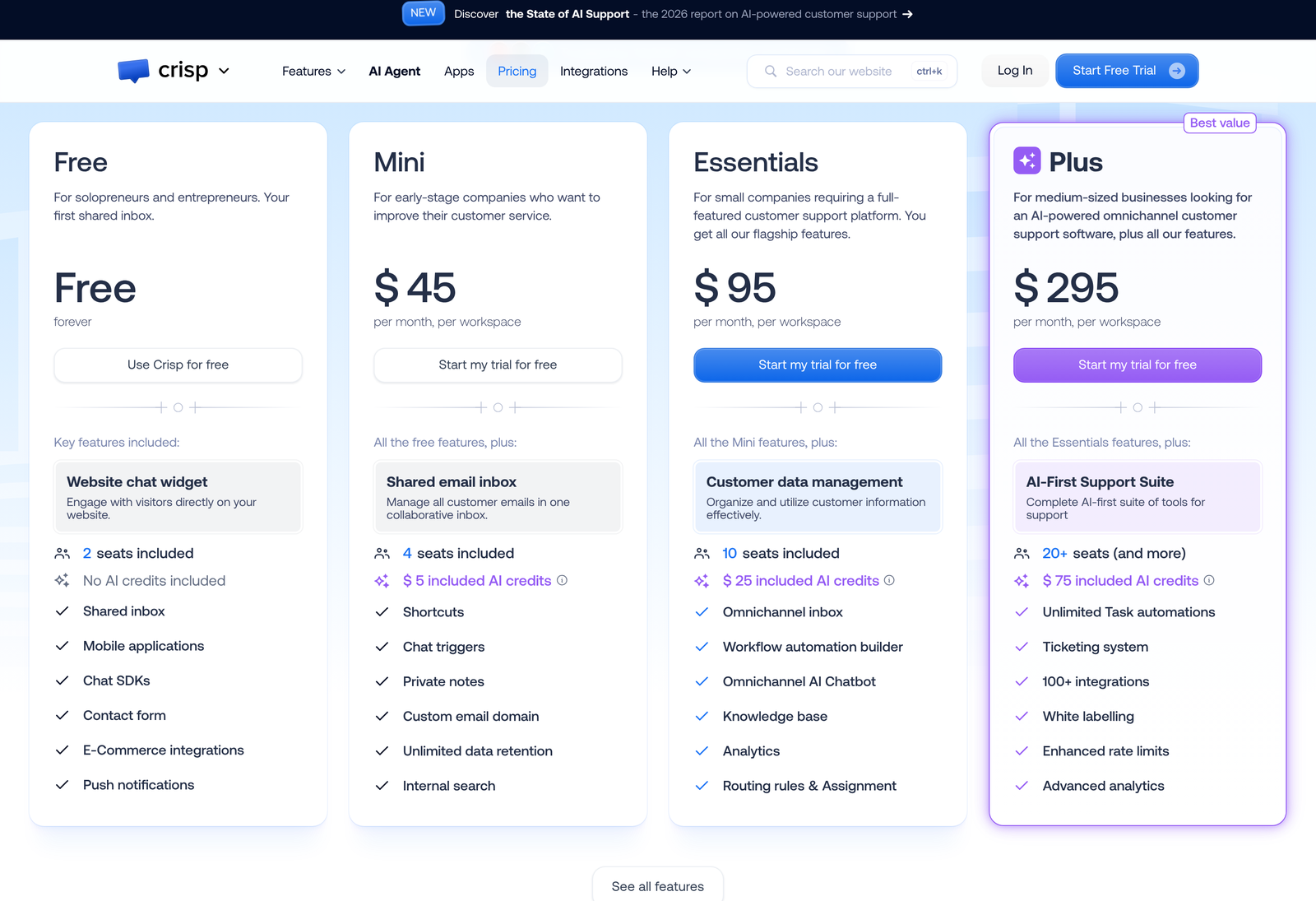Crisp pricing page showing flat per workspace plans at 45, 95 and 295 dollars a month with seats included