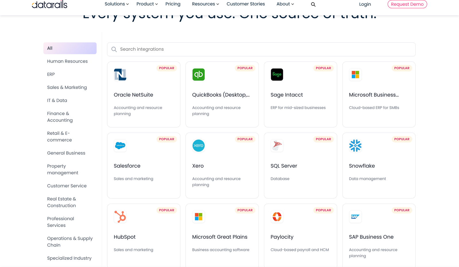 Datarails integrations directory showing connector categories