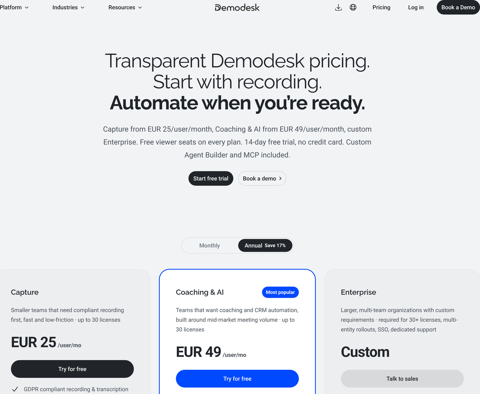 Demodesk pricing with annual toggle preselected, Capture 25 euro and Coaching and AI 49 euro per user per month