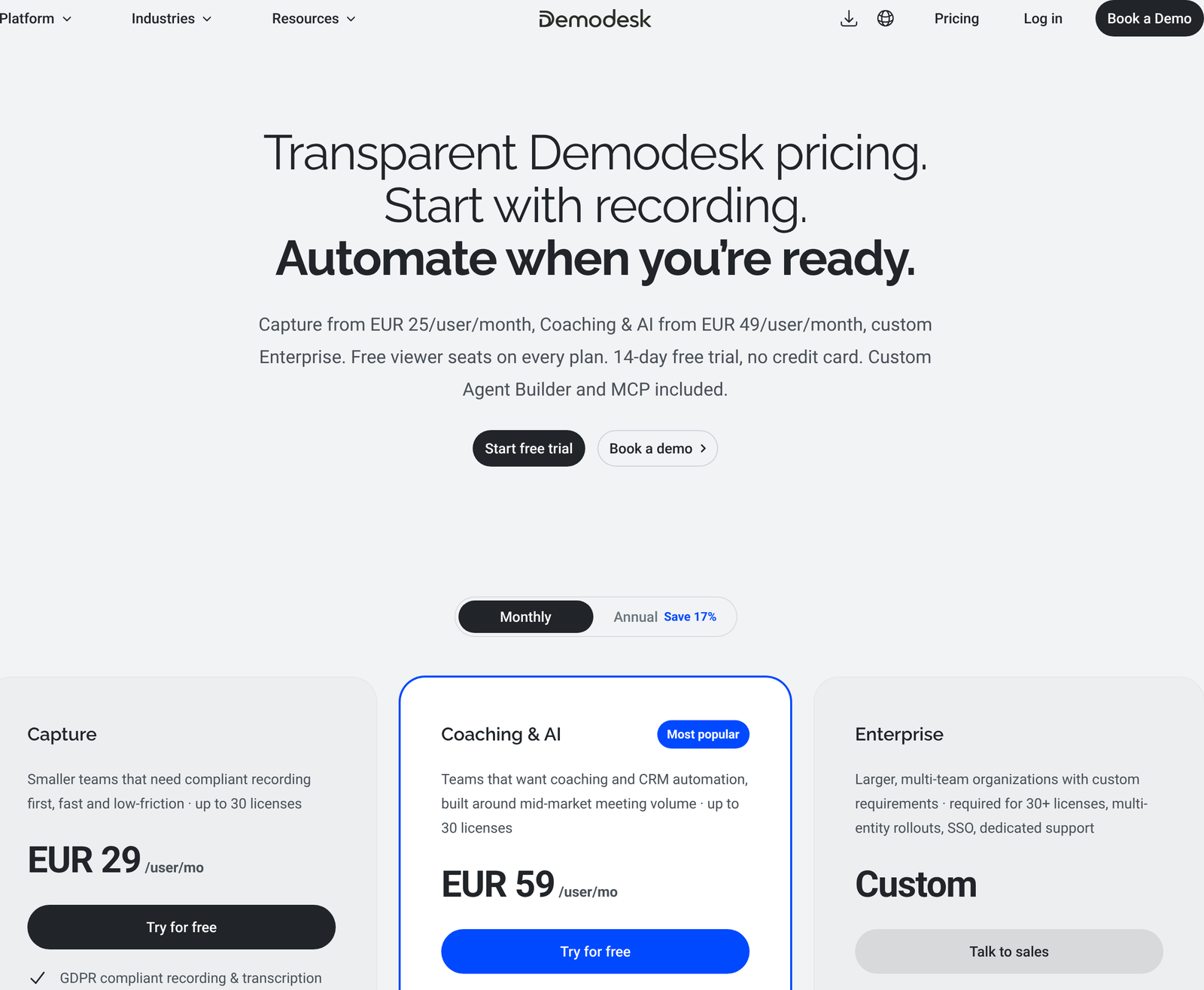 Demodesk pricing switched to monthly billing, Capture 29 euro and Coaching and AI 59 euro per user per month