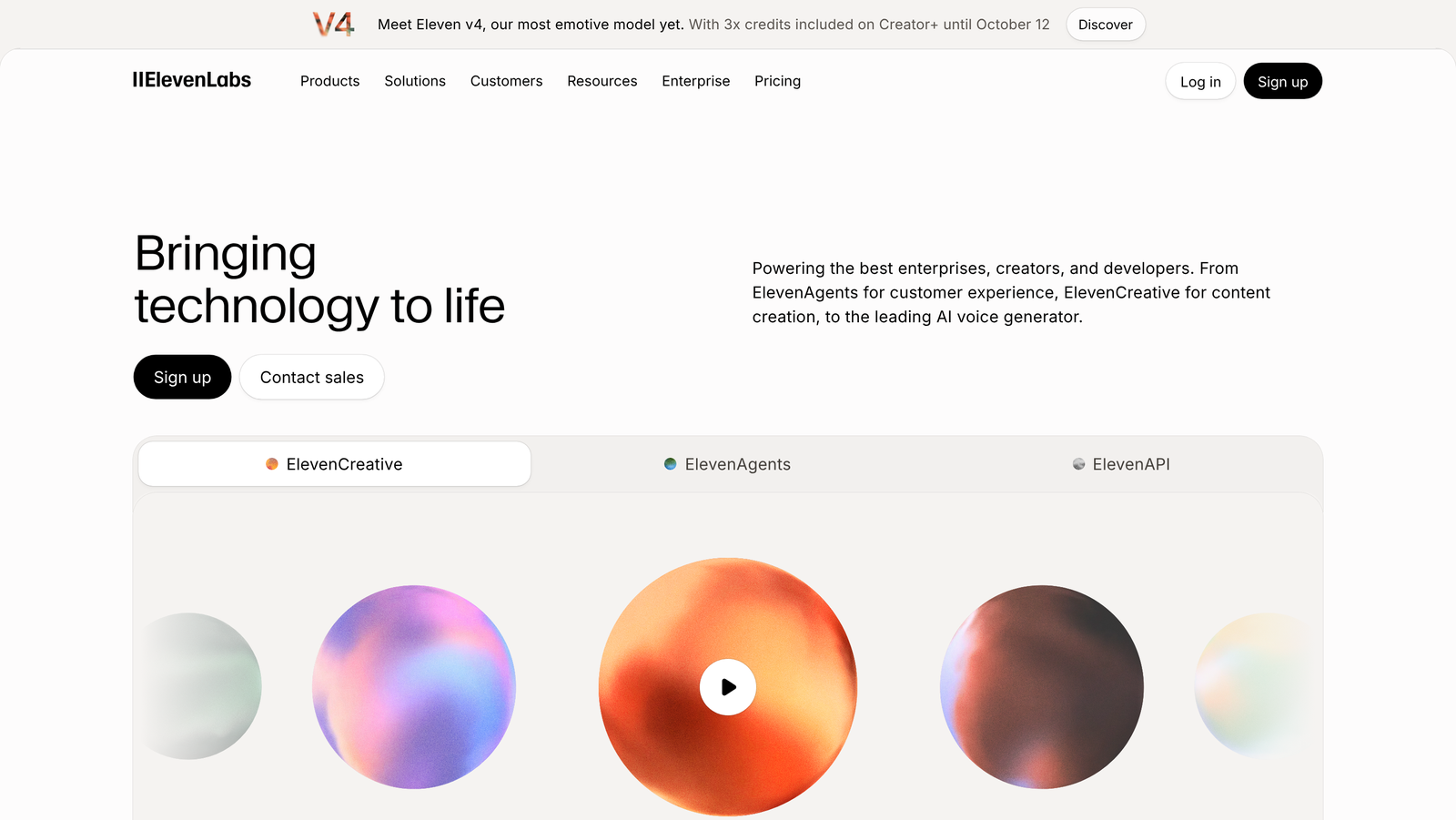 ElevenLabs homepage hero introducing its AI audio platform