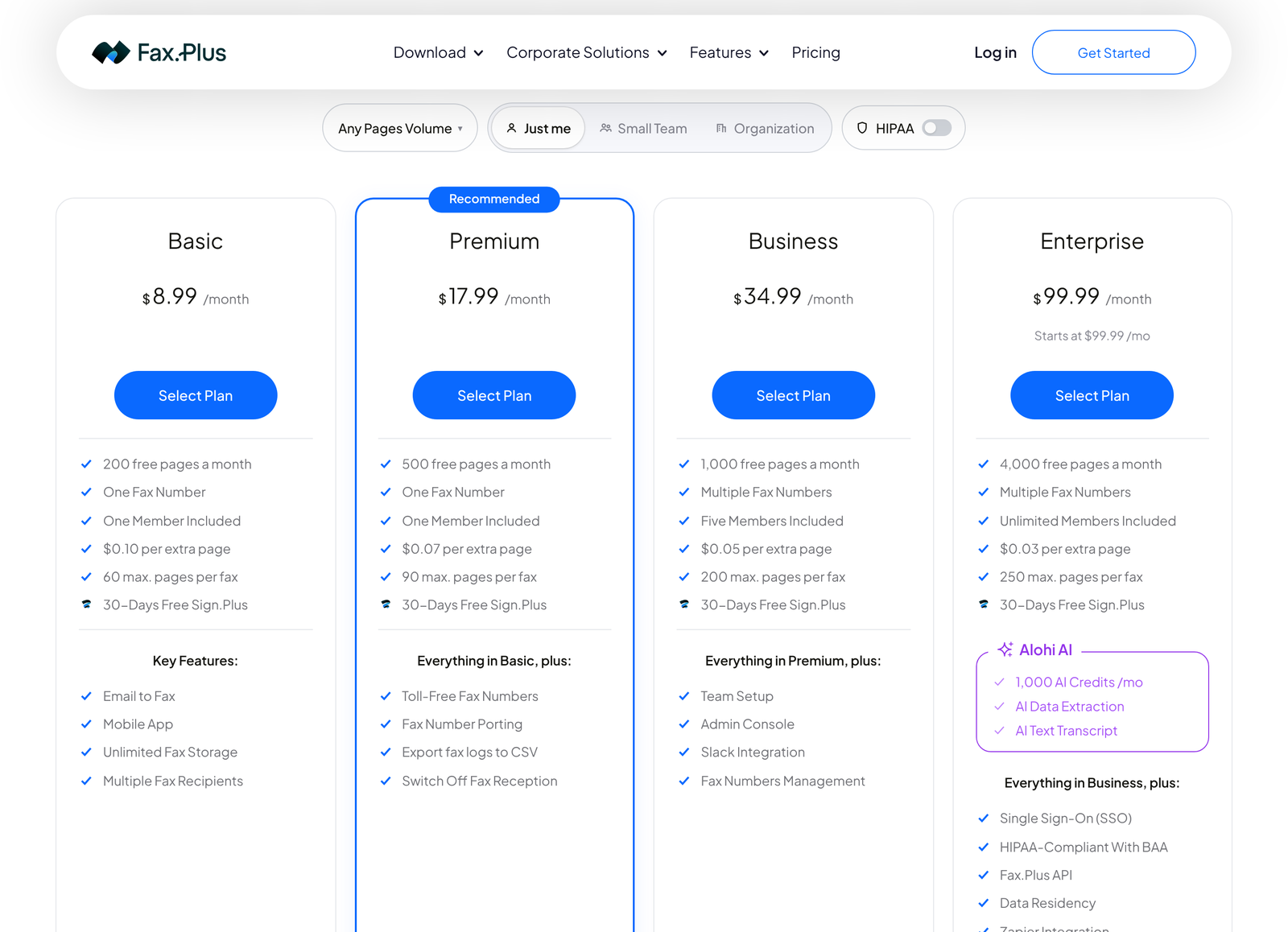 Fax.Plus pricing page switched to monthly billing