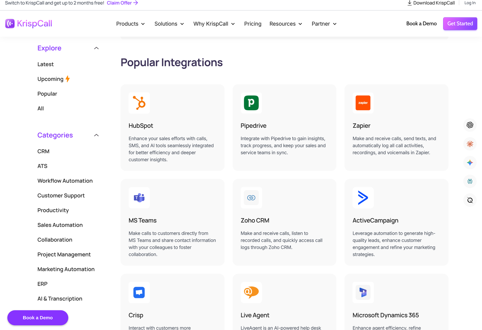 KrispCall integration directory showing category filters and popular integrations