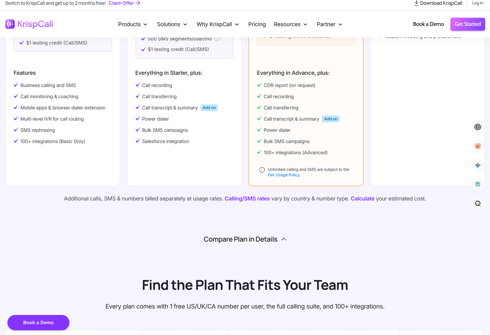 KrispCall pricing cards showing integrations listed as Basic Only on Starter and Advanced on Max