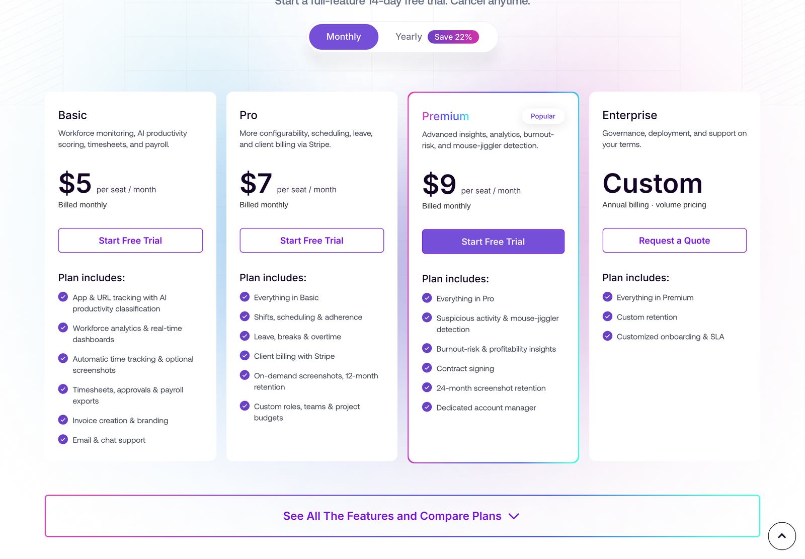 Modge pricing page with the Monthly toggle selected, showing per-seat monthly rates