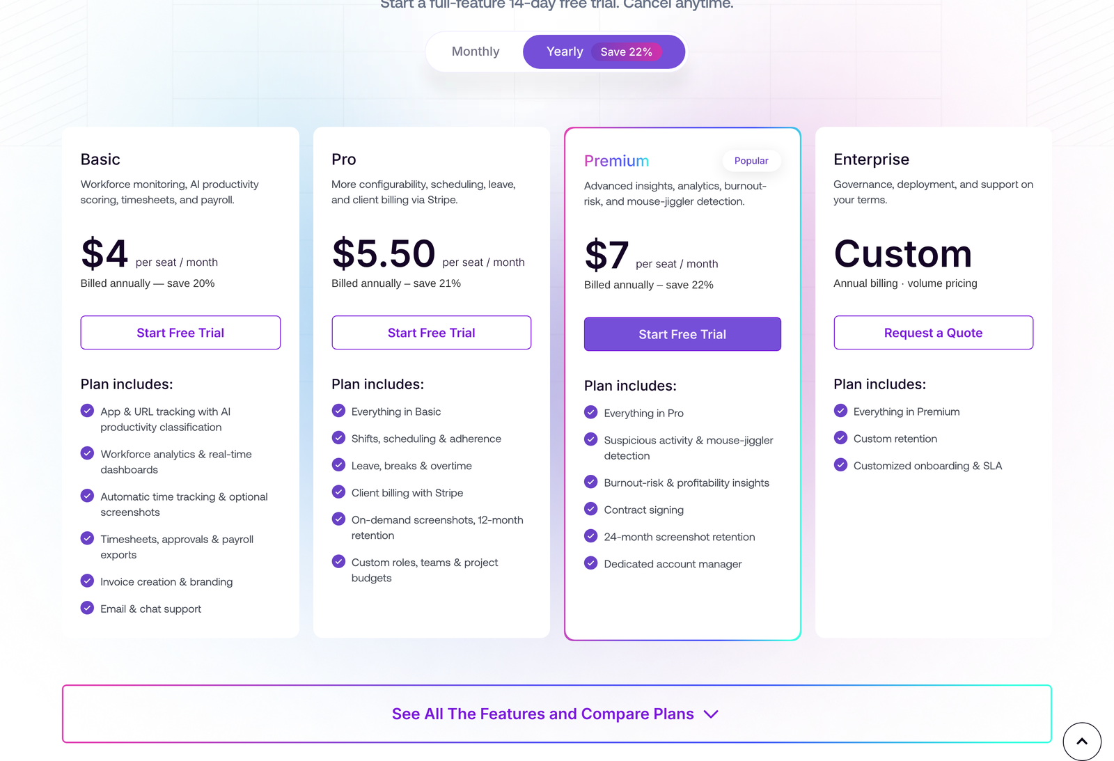 Modge pricing page with the Yearly toggle selected, showing annual-billed per-seat rates