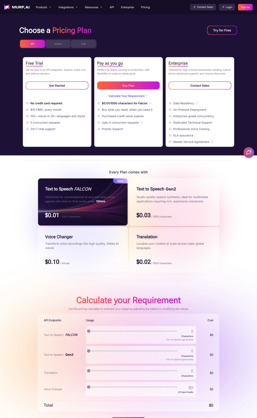 Murf API pricing page showing pay-as-you-go per-character rates for text to speech and translation