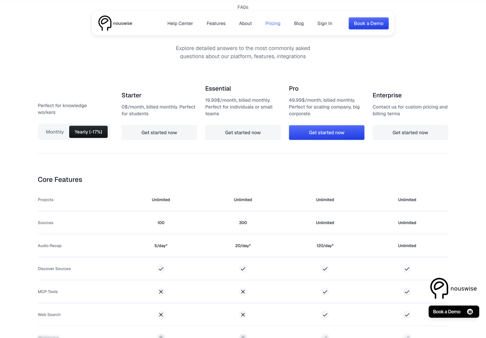 Nouswise pricing page with the Yearly minus 17 percent option selected, showing the same monthly figures
