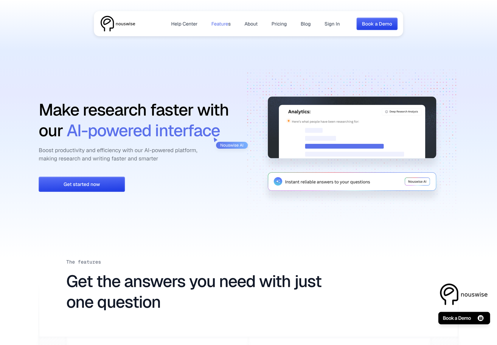 Nouswise features page describing document search, Model Context Protocol support, agentic multi-agent search and the Nouswise API