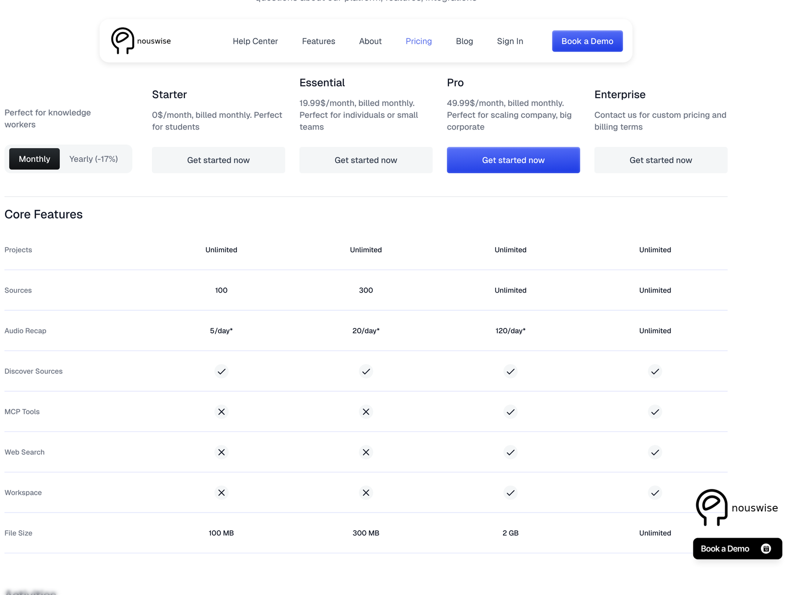 Nouswise plan comparison on the Monthly view showing Starter free, Essential at 19.99 and Pro at 49.99, with MCP Tools, Web Search and Workspace marked unavailable below Pro
