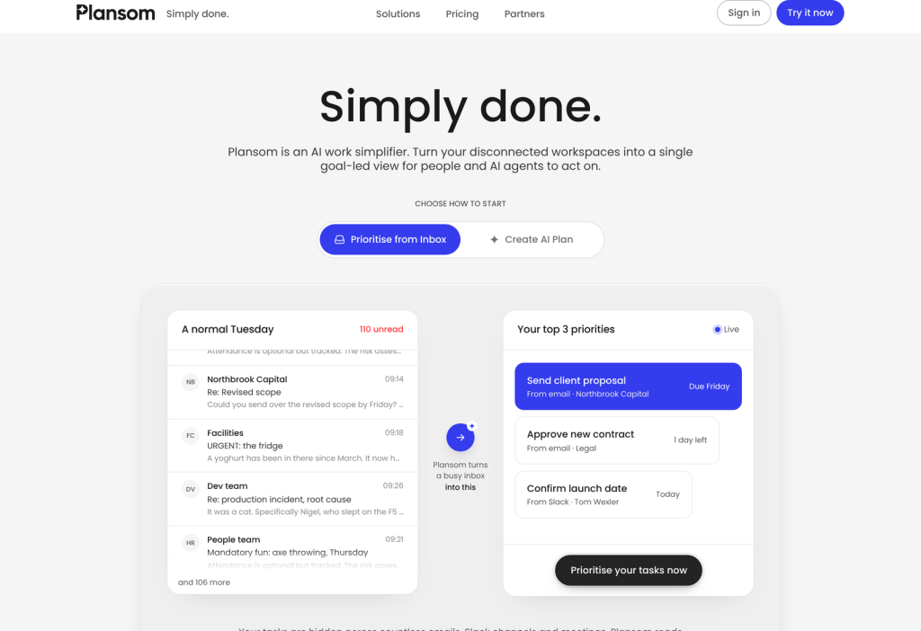 Plansom homepage showing the My Day view with ranked priorities