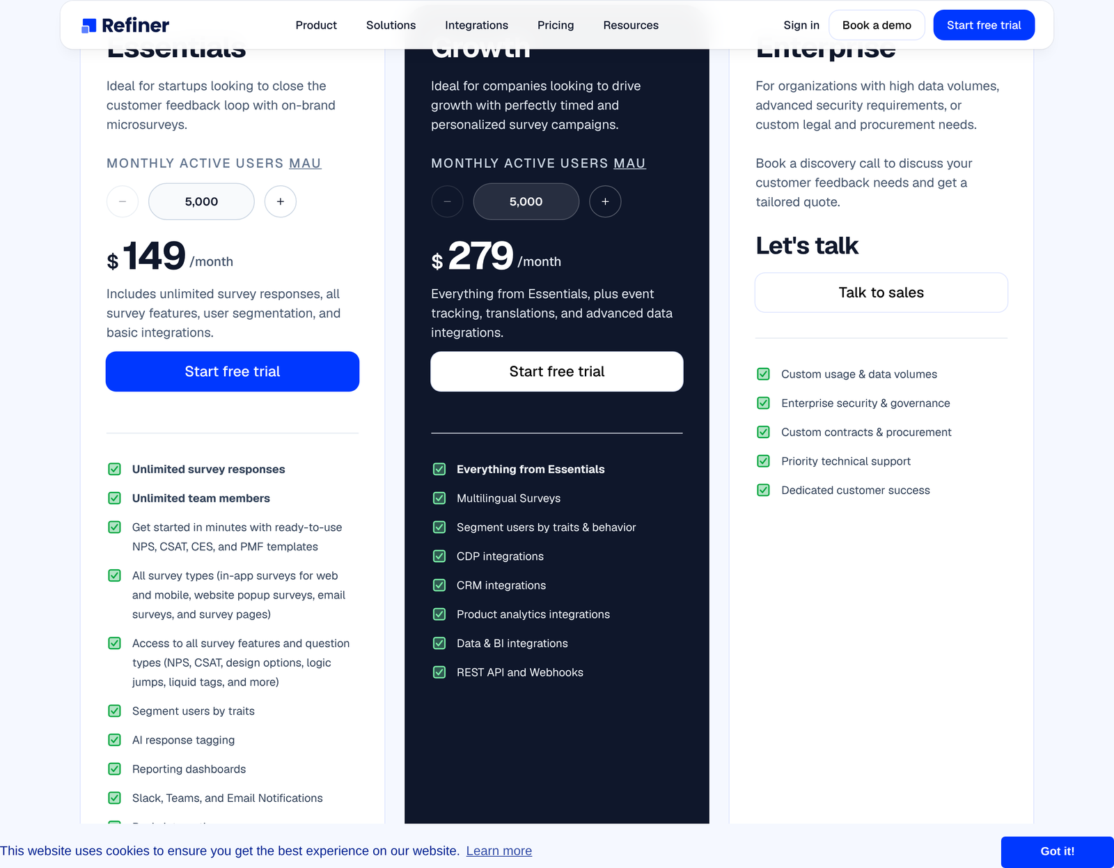 Refiner pricing showing Essentials and Growth plans priced by monthly active users