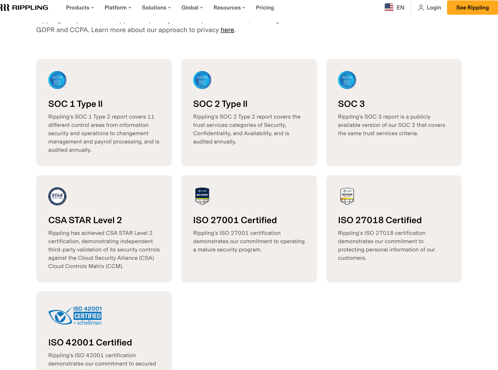Rippling security page showing SOC 1 Type II, SOC 2 Type II, SOC 3, CSA STAR Level 2, ISO 27001, ISO 27018 and ISO 42001 certifications