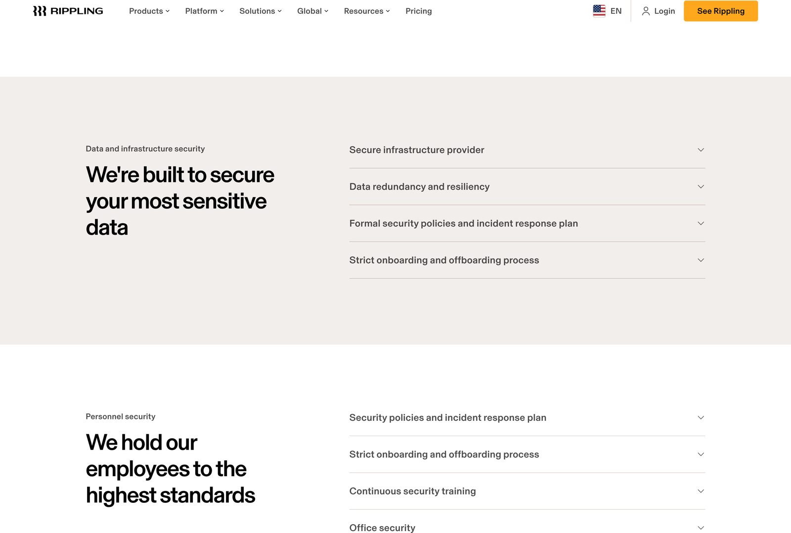 Rippling data and infrastructure security section describing US-based AWS data centres across multiple availability zones