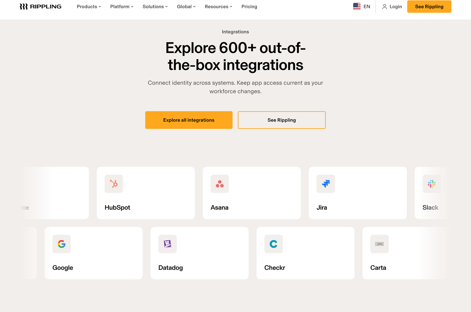 Rippling integrations page showing 600 plus out-of-the-box integrations with HubSpot, Asana, Jira, Slack, Google, Datadog, Checkr and Carta tiles