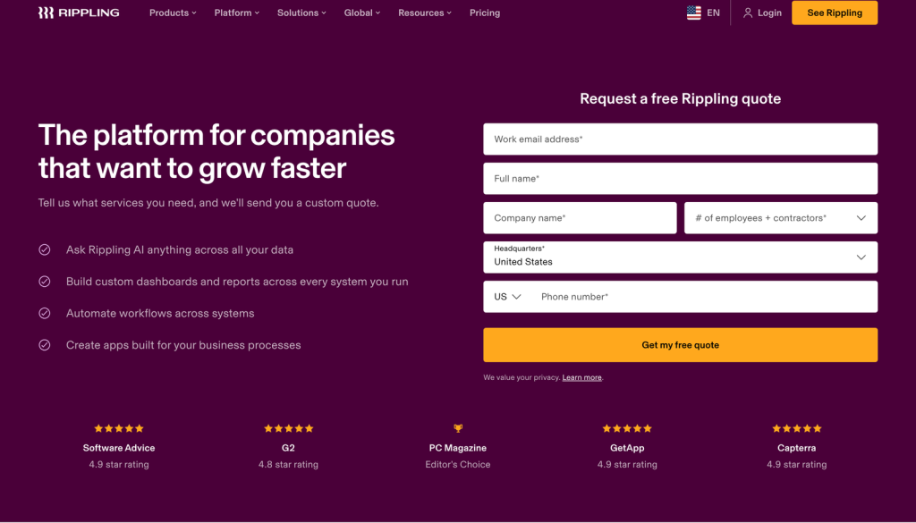 Rippling pricing page showing a custom quote request form with employee count bands instead of published prices