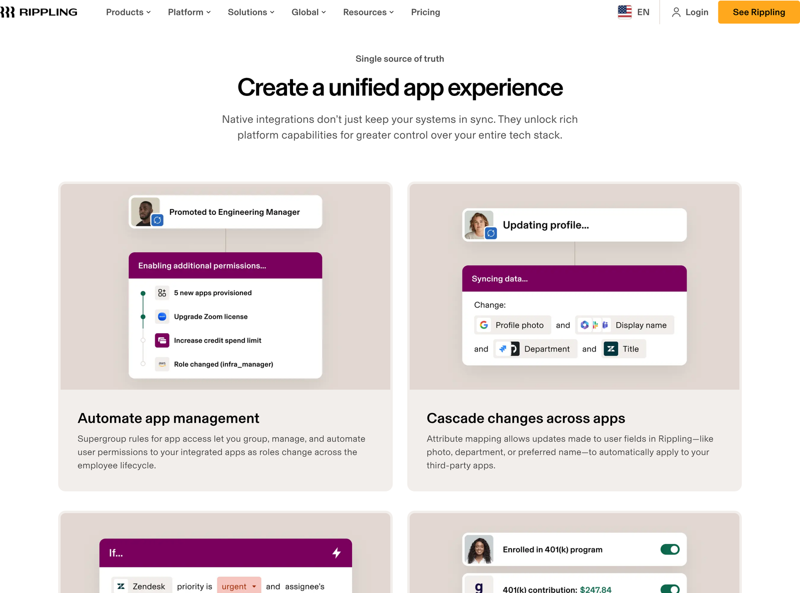 Rippling integrations page explaining supergroup rules for app access and attribute mapping across third-party apps