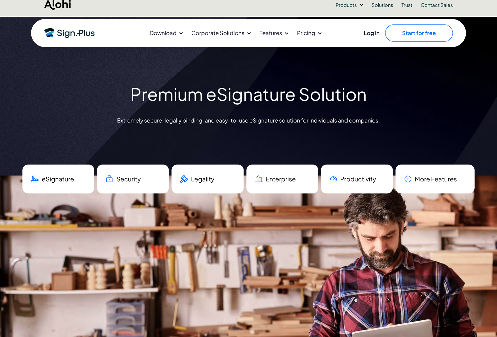 Sign.Plus features page listing eSignature tools, templates, document sharing and the eSignature API