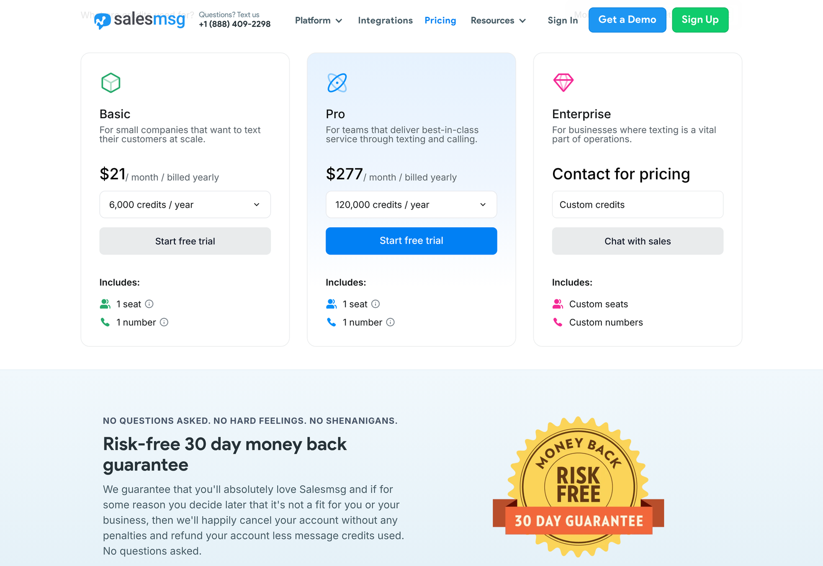 Salesmsg pricing page as it loads on the annual toggle, showing yearly-billed rates and annual credit pools