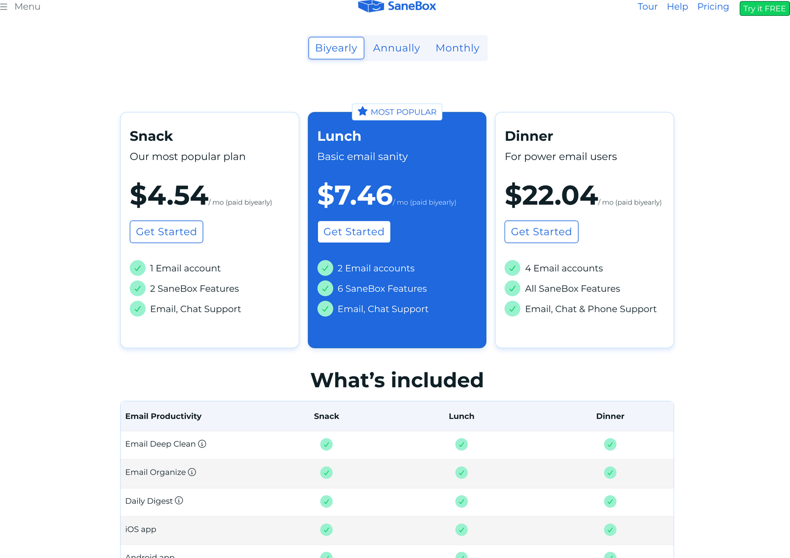 SaneBox pricing page as it loads, with the Biyearly toggle preselected