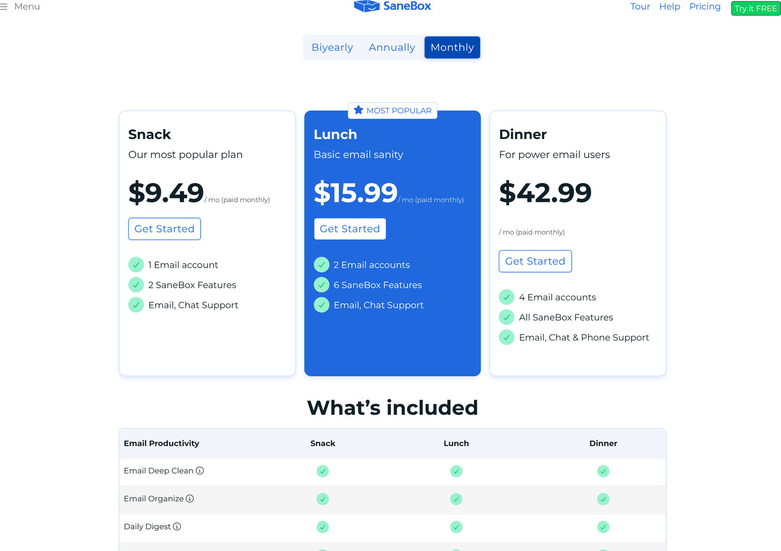 SaneBox pricing page with the Monthly toggle selected, showing month-to-month rates