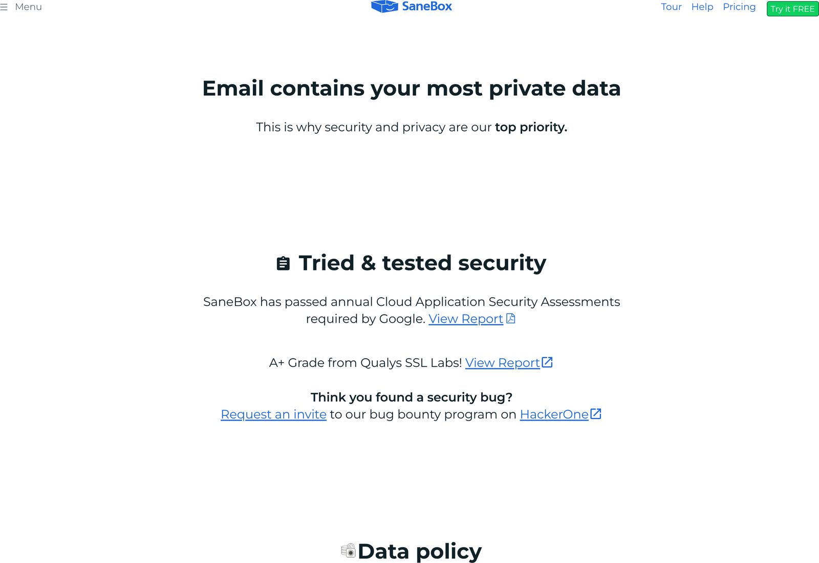 SaneBox security page listing the Google CASA assessment, Qualys SSL Labs grade and HackerOne bug bounty