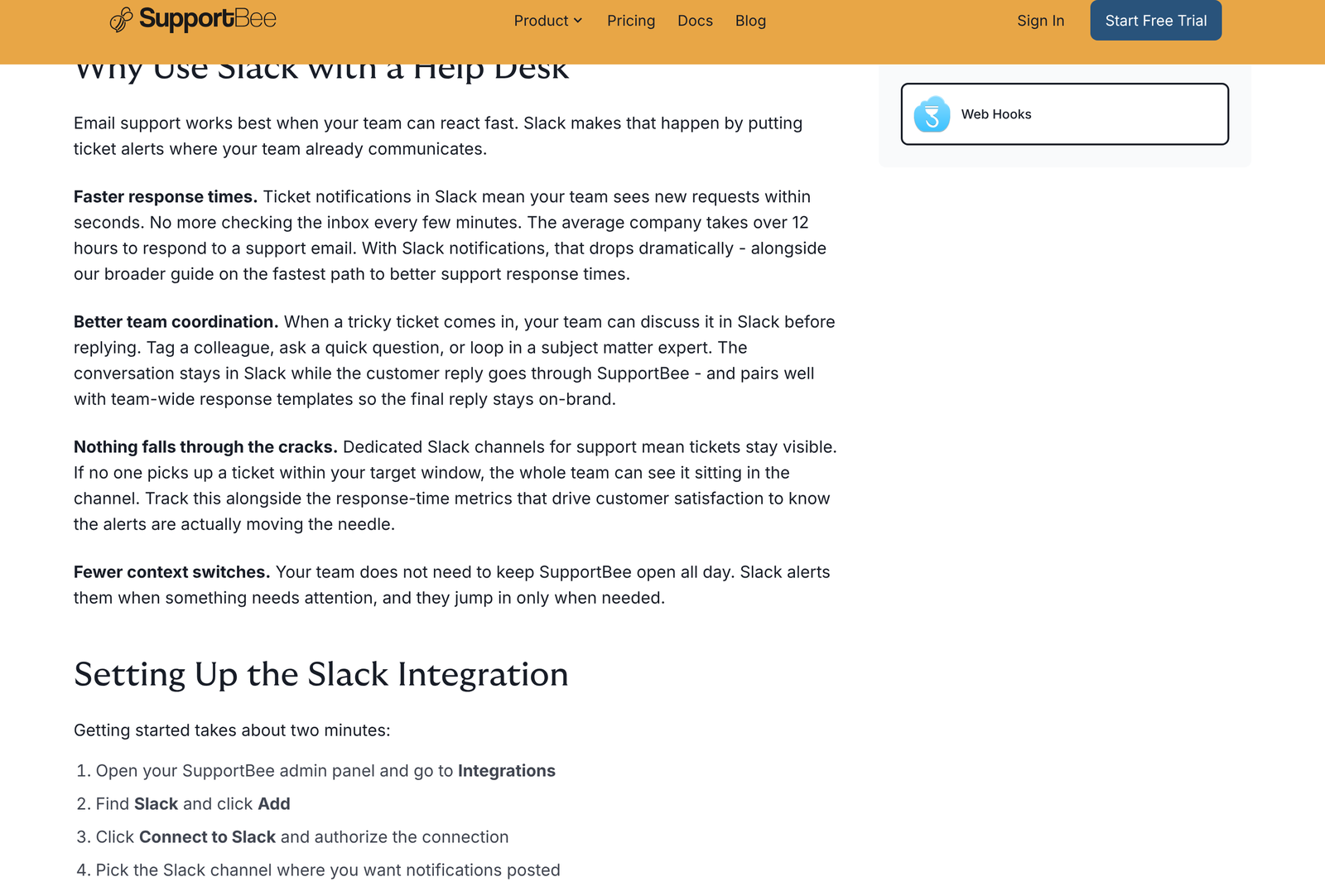 SupportBee Slack integration page listing the six-step setup and the ticket events that can post to a Slack channel