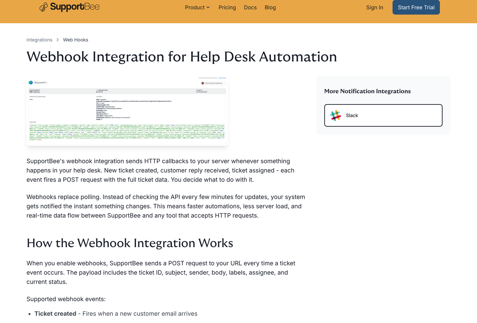 SupportBee webhook integration page listing the six supported webhook events and the JSON payload fields sent to your server
